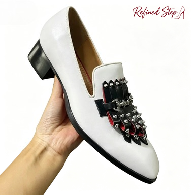 Loafer Slip On Men - Metal Rivets Black Tassels White Square